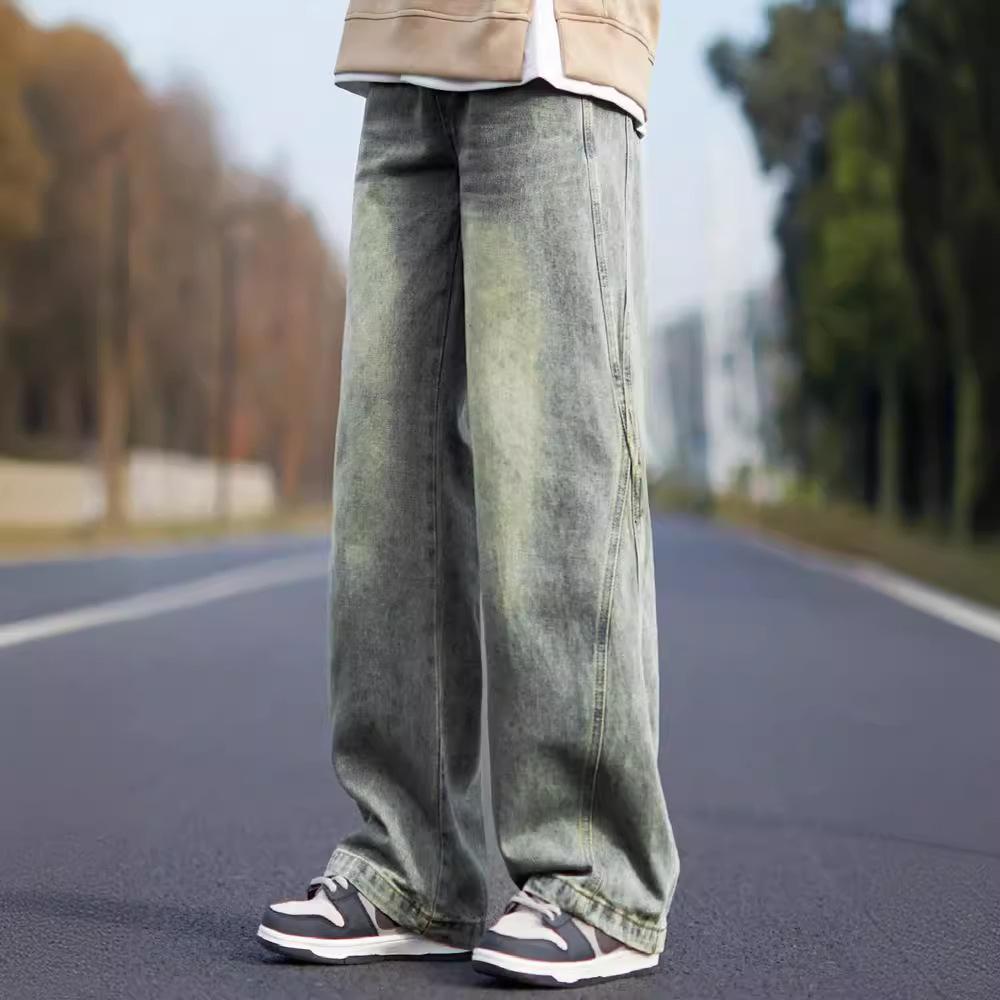 American high street jeans men's spring and autumn trendy brand old retro loose straight casual overalls