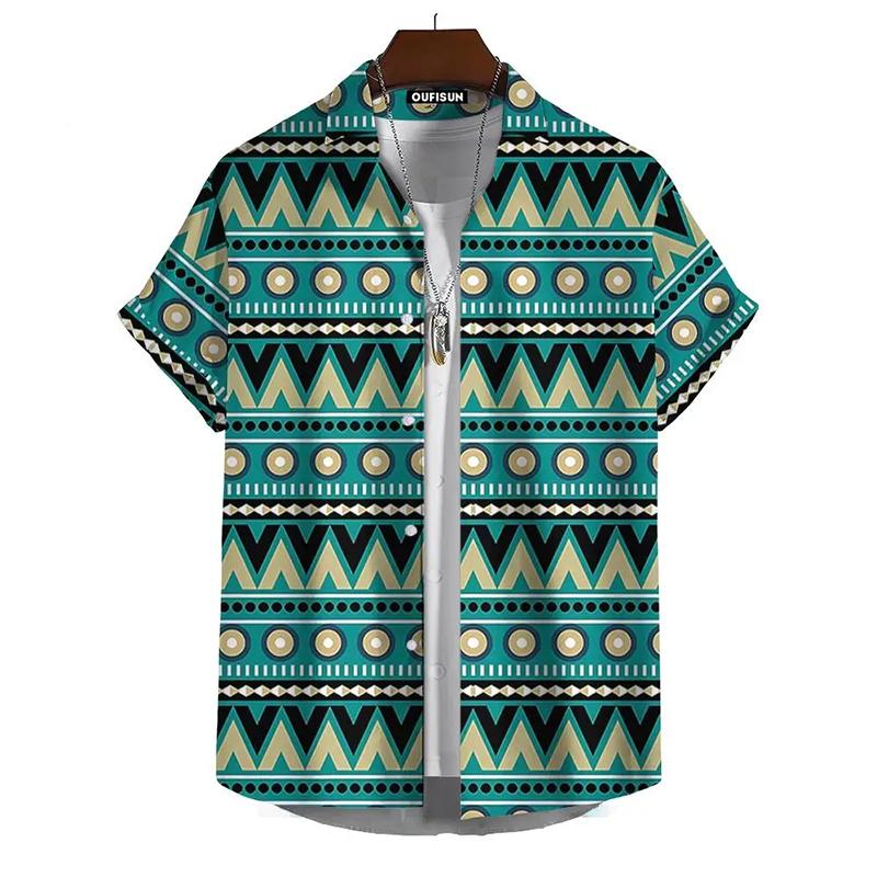 Vintage Hawaiian Shirts For Men Ethnic Pattern Print Lapel Blouse Fashion Casual Womens Clothes Short Sleeve Tees Tops