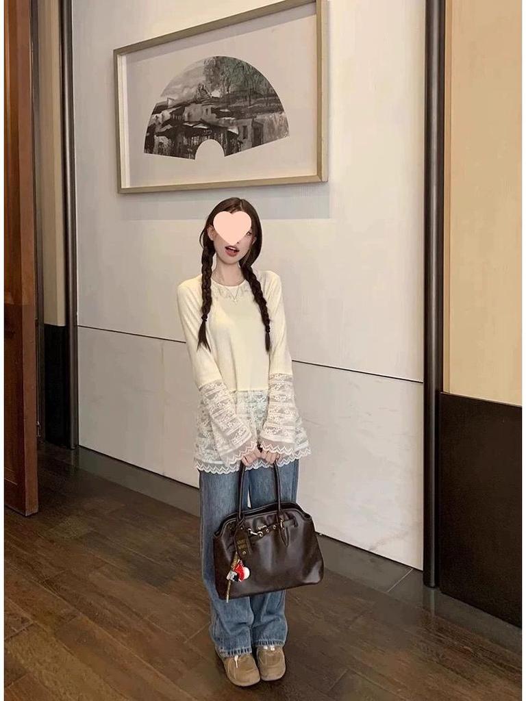 Women's Autumn Lace Base Long Sleeve Spliced Hem Shirt