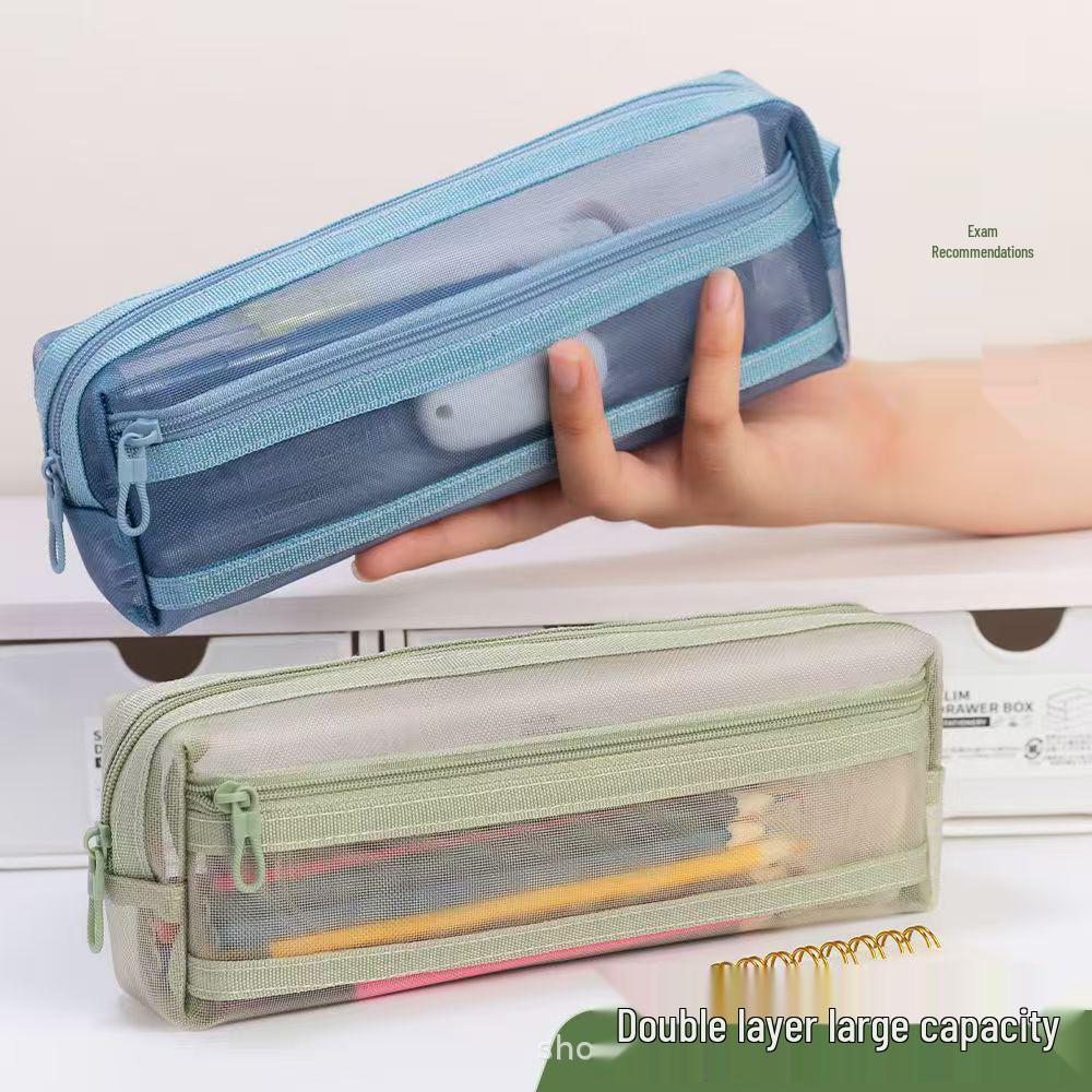 Dual-Layer Transparent Mesh Pencil Case - Large Capacity Korean Style, Dirt-Resistant Zippered Stationery Bag Dark Pink
