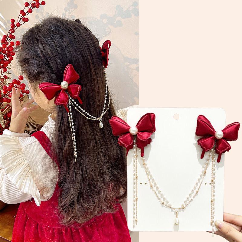 

Year Red Bow Pearl Tassel Chain Hairpin Sweet Hair Clip Princess Hair Clips For Girls Year Hair Headwear Accessories
