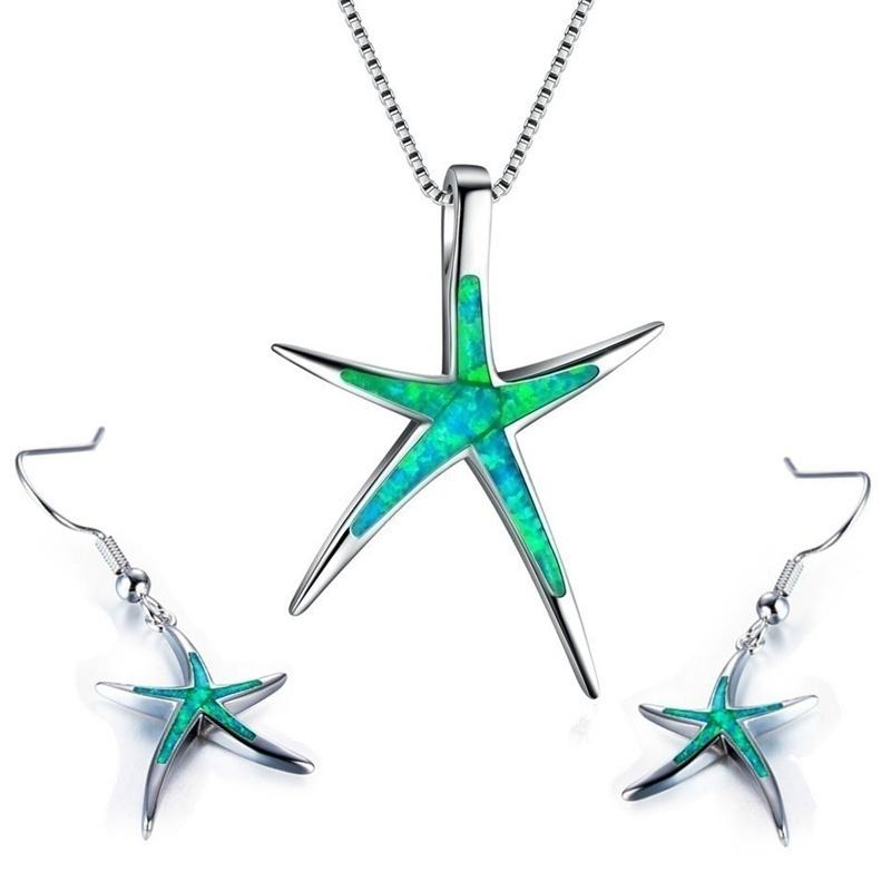 Cute Sea Animal Starfish Necklace Earrings Jewelry Sets Imitation Blue Opal Stud Earrings For Women Wedding Band Gifts