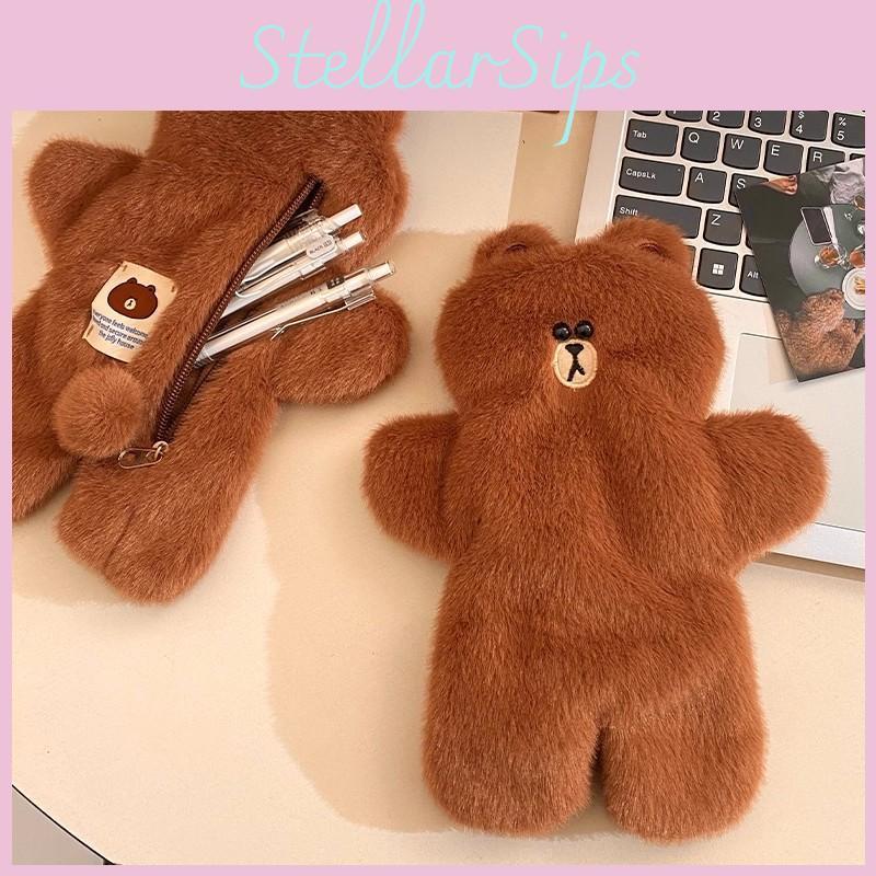 Cute Brown Bear Plush Makeup Bag With Large Capacity For Women And Teens