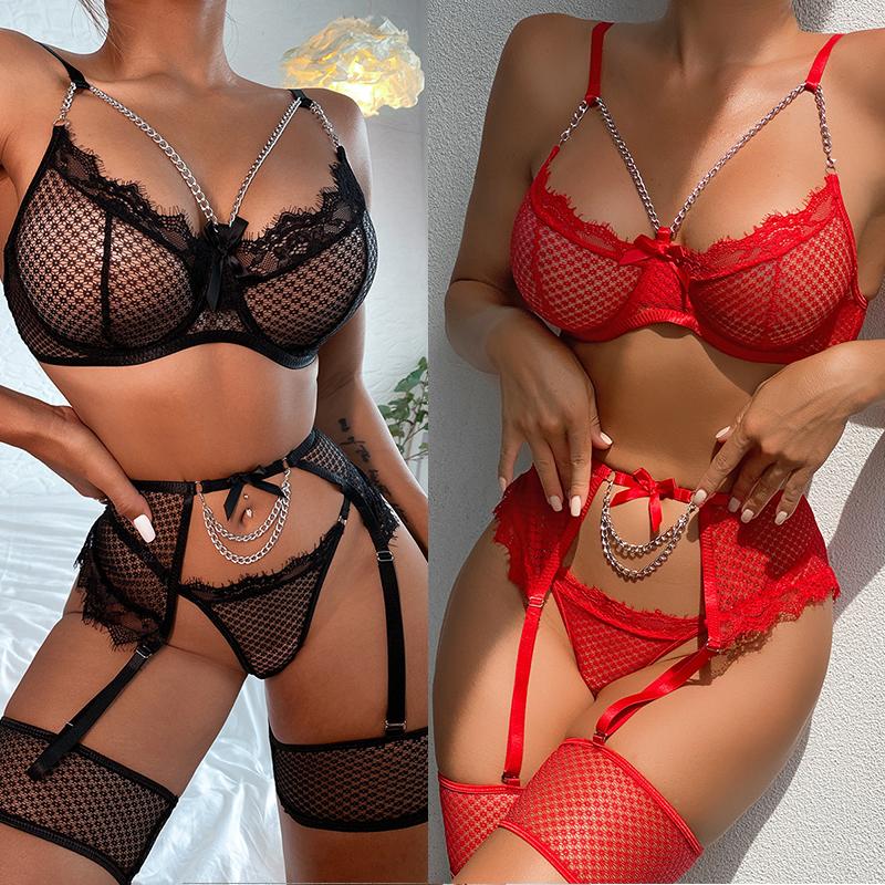 Lace Eyelash Mesh Lingerie Set Four Pieces Bra Garter Belt Thong Chain Detail Adjustable Straps Intimate Apparel