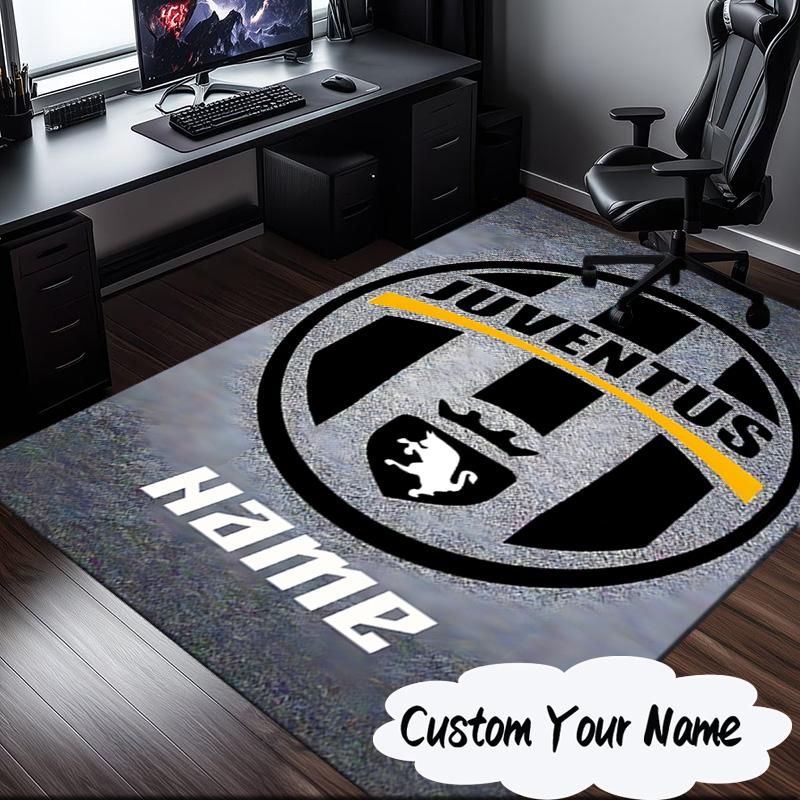 Custom Name Juventus Crest Rug for Living Room, Game Rooms, Office, Bedroom, Floor Mat Playful Design, Fan Gifts Christmas Decor