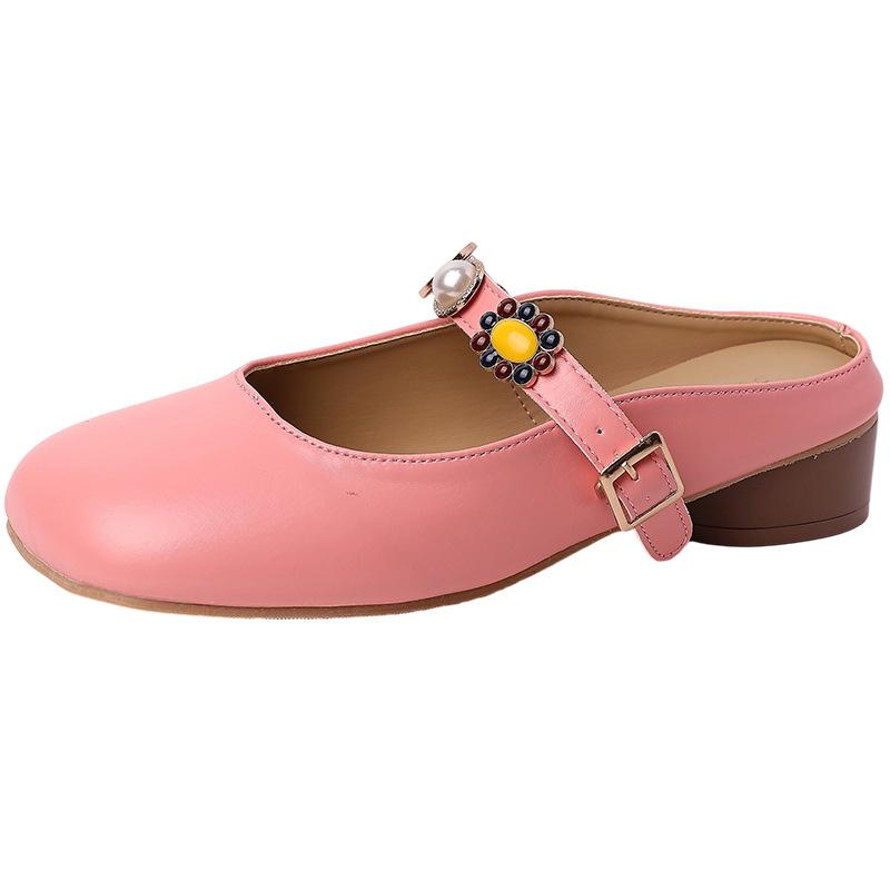 Retro square head one-word buckle slippers Muller sandals girl 2025 summer French rhinestone ugly cute flat bottom half slippers