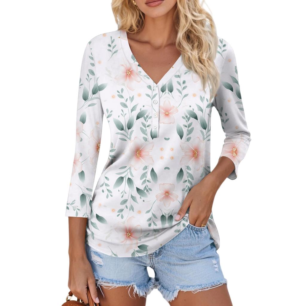 Women's Casual Fashion Sexy Comfortable V-Neck Button Floral Three-quarter Sleeve Top
