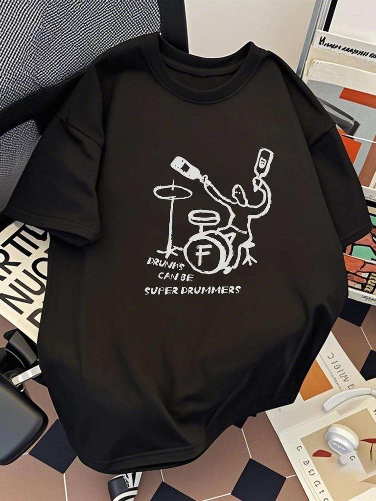 Funny drunk drummer graphic Tshirt Summer casual street style with dropped shoulders machine washable