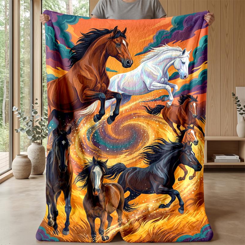 Galloping Horses in Cosmic Storm Theme blanket Lightweight Warm Flannel Blanket Decorative Throw Blanket for Home Decoration