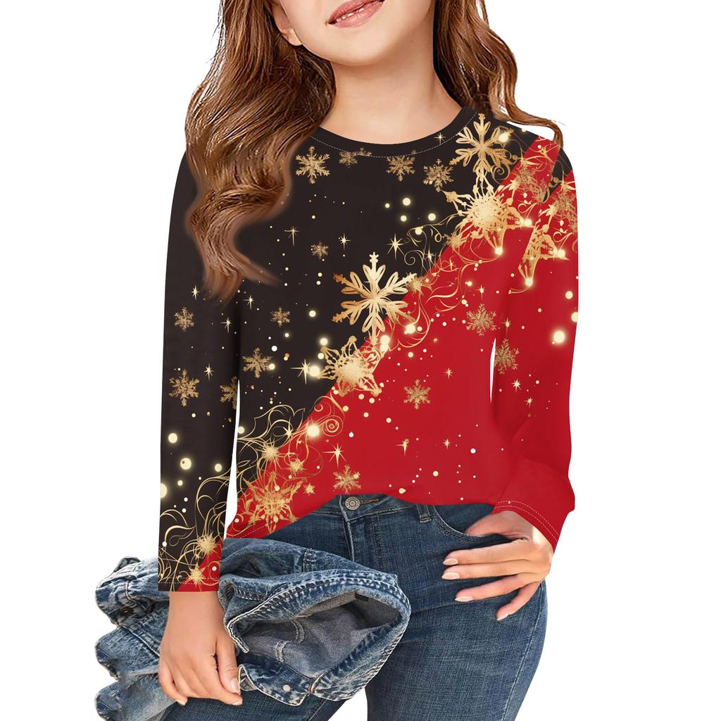 Christmas Day Girls Long Sleeve T Shirts Kids Fall Tops Crewneck Printed Basic Tees