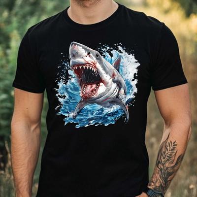 Herren T-Shirt mit Aquarell-Hai-Motiv Baumwolle Größe XS bis 5XL-