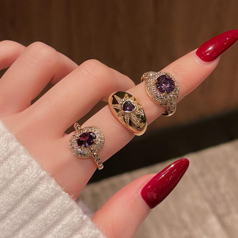 Purple Gas Donglai Medieval Style Love Purple Diamond Zir*****Pen Ring Luxury Heavy Industry Advanced Sense Personality Ring