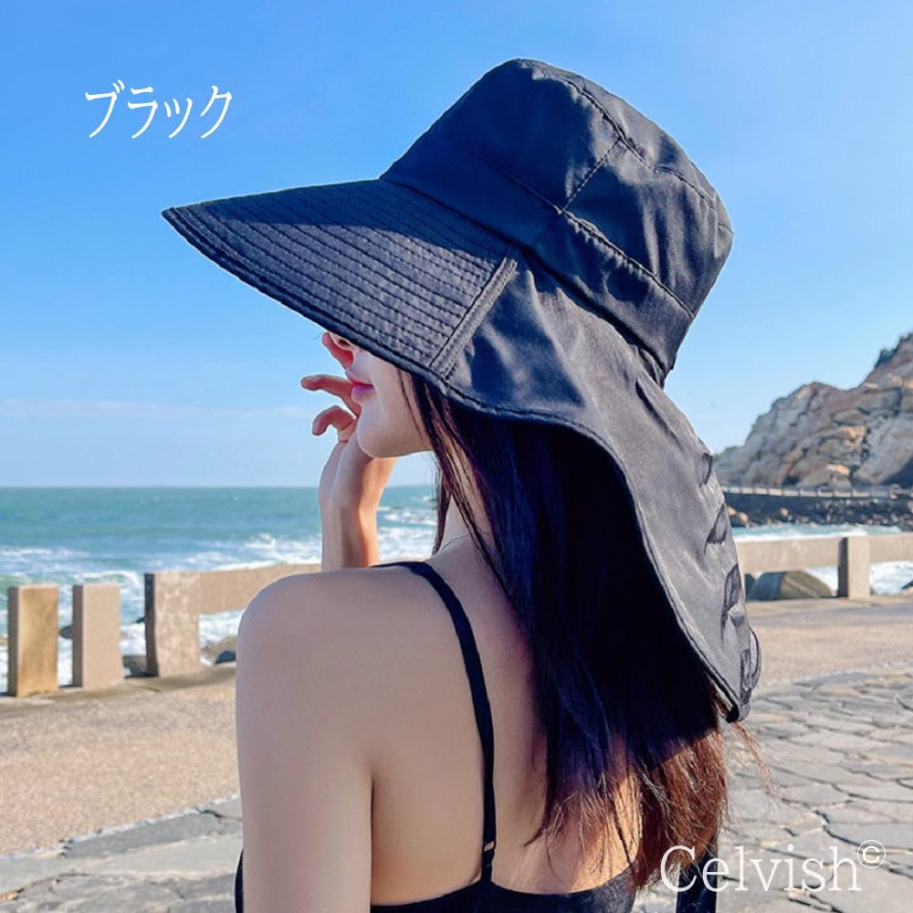 UV Protection Wide with Chin Compact Black [Celvish] Women's Hat, Brim, Strap, Foldable, Lightweight,