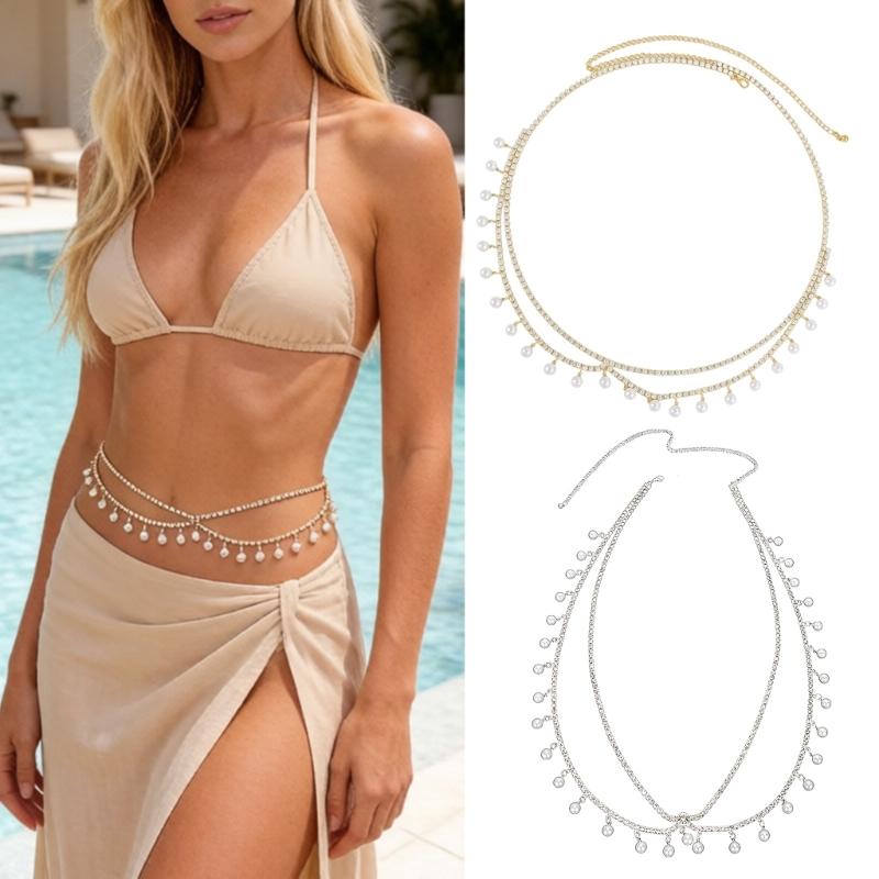 Elegant Two Strand Imitation Pearls Belly Chain With Dangling Fringes For Party And Wedding