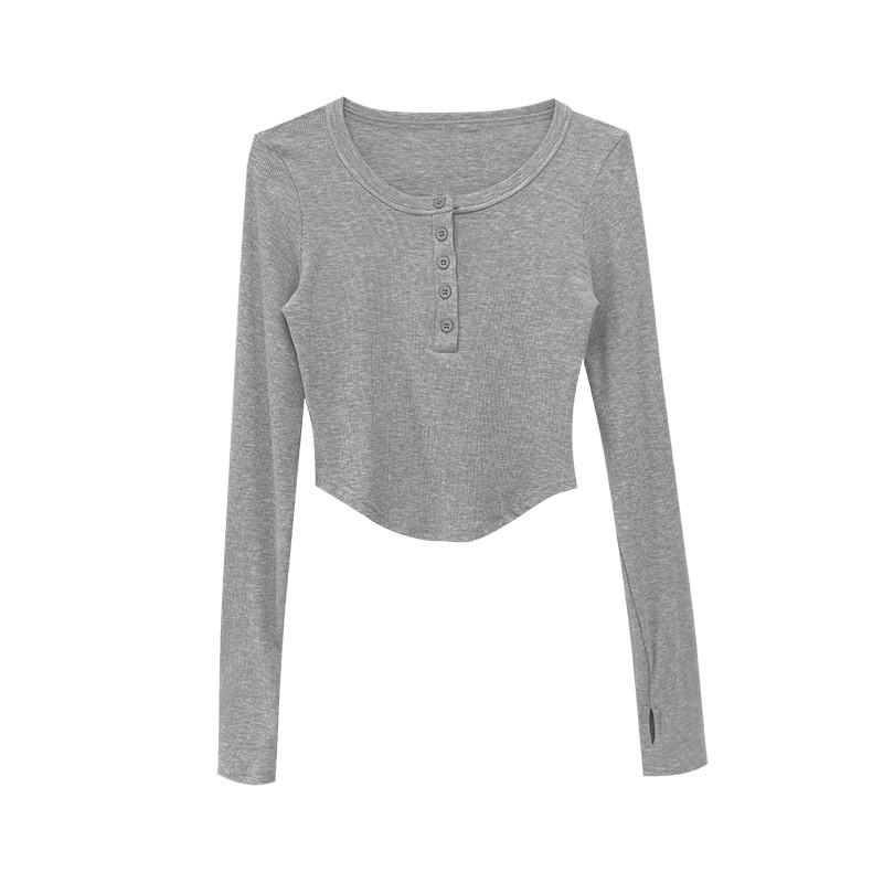 Women's Blouse Long-sleeved T-shirt Spring and Autumn Half-open Collar Solid Colour Bottoming Shirt Slim Spice Girls Short Tops