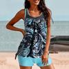 2Pcs/Set Women Summer Tankini Set O-Neck Sleeveless Padded Printing Tops Solid Color Mid-rise
