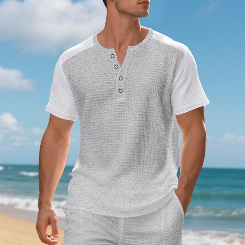 Men's Oversized Waffle Knit Color Block Short Sleeve Henley T-Shirt.
