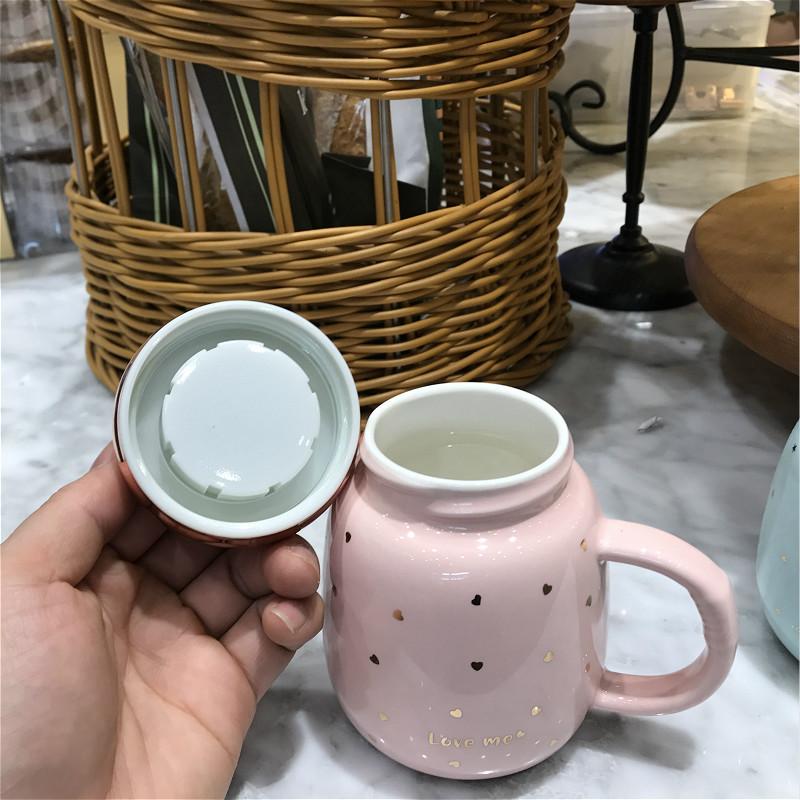 Pink and Tender Starry Sky Ceramic Water Cup with Lid Spoon Handle Anti Scalding Mug Dormitory Office Portable Small Cup
