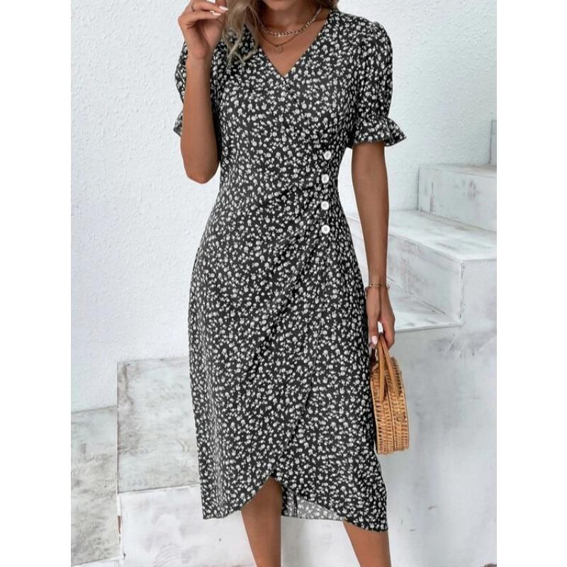 TIFICY Damenmode Sommer Frühling Blumenmuster Druck Kurzarm V-Ausschnitt Hohe Taille Freizeitkleider