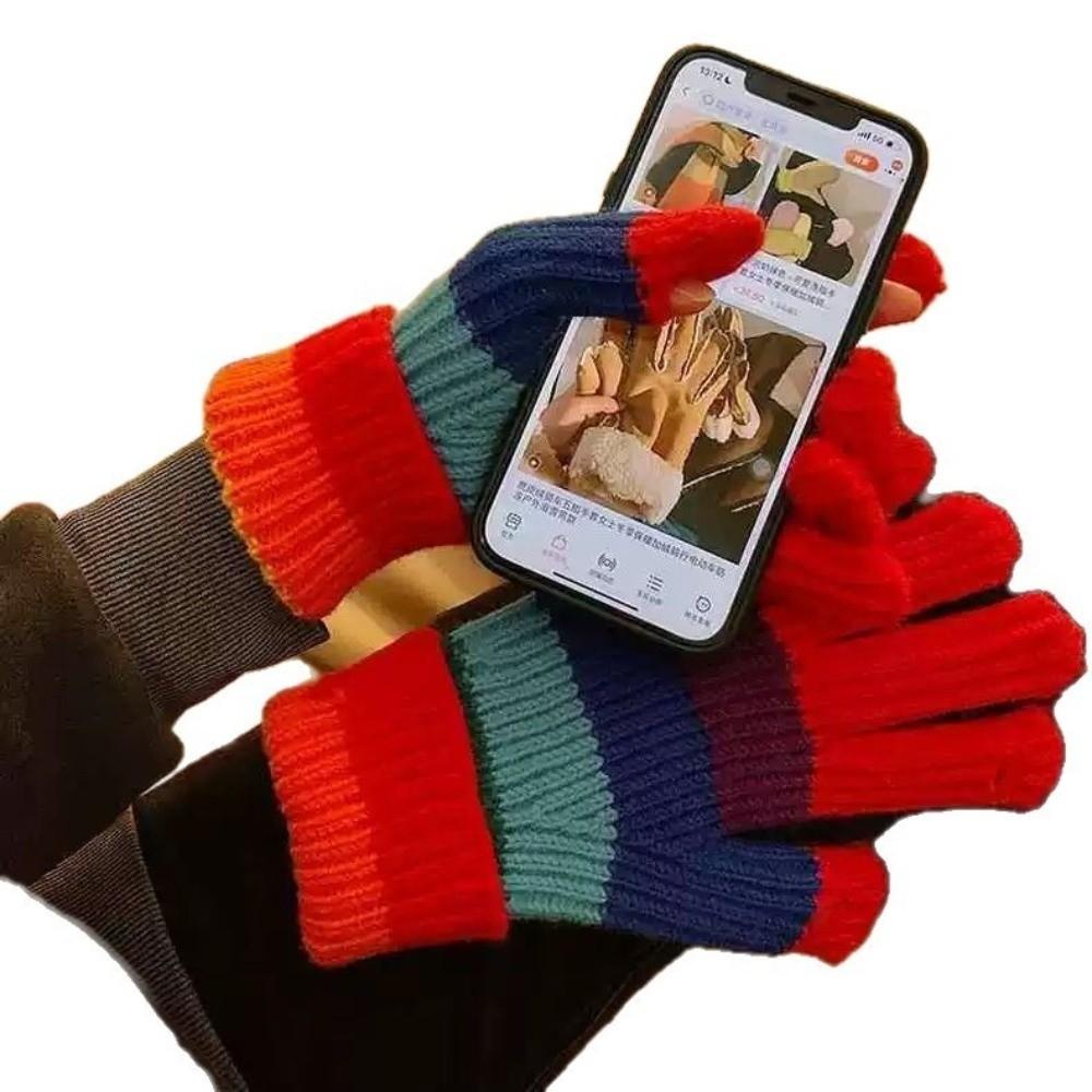 Fashionable Rainbow Open Finger Gloves Warm Windproof Knitted Mittens Thickened Touch Screen Gloves Girl