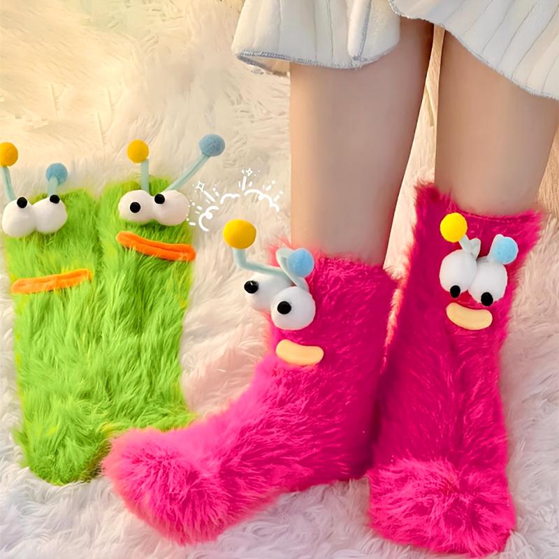 Winter Big Mouth Monster Design Warm Candy Colors Funny Lounge Sock Plush One Size Comfortable Furry Socks Gift Multi-color