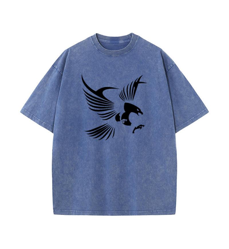 2025 Summer 100% Cotton Washed Old Craft Oversized T Shirt Big Size O-neck Oversized Men T Shirt Eagle Print