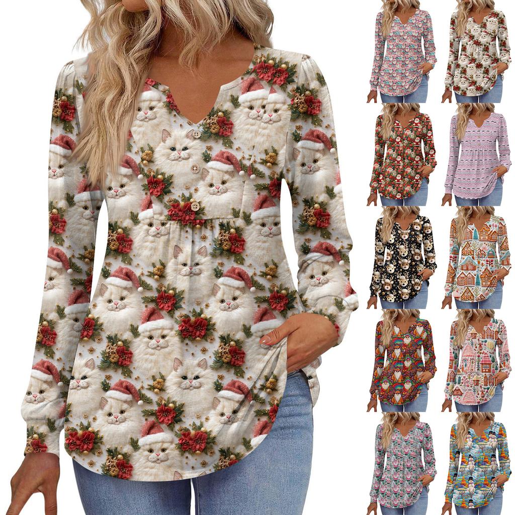 Women's Fashionable Casual V-neck Blouse Button Christmas Printed Long-sleeved Pullover T-shirt Top