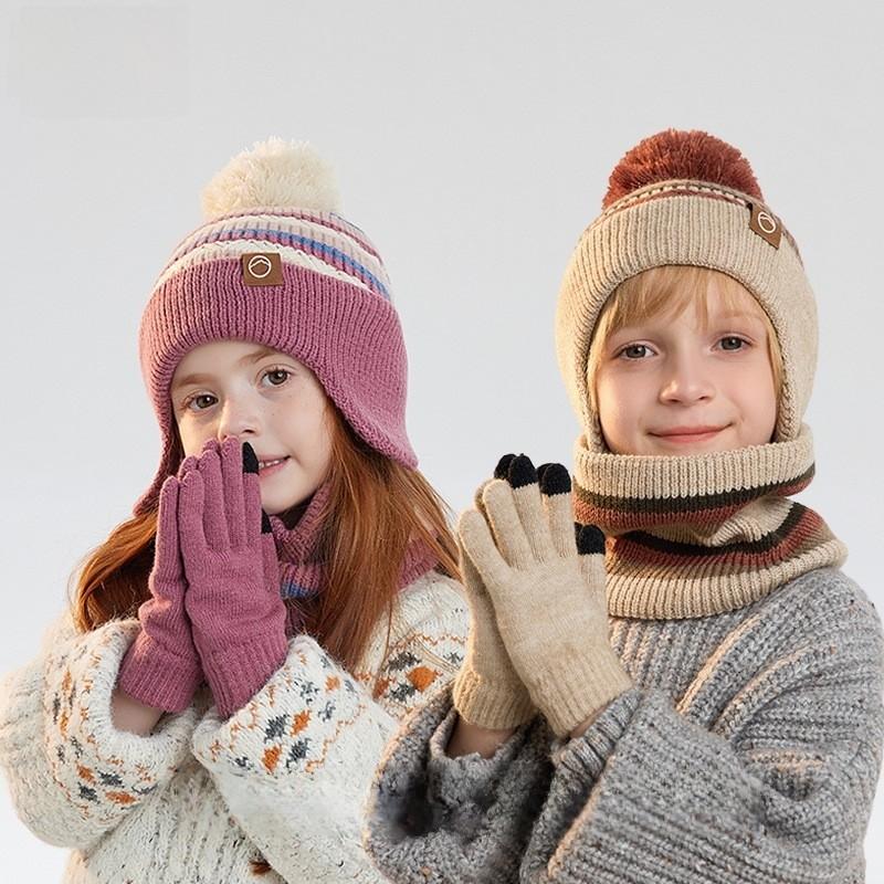 Children Knit Hat And Gloves Set With Fleece Lining For Winter Outdoor Warmth