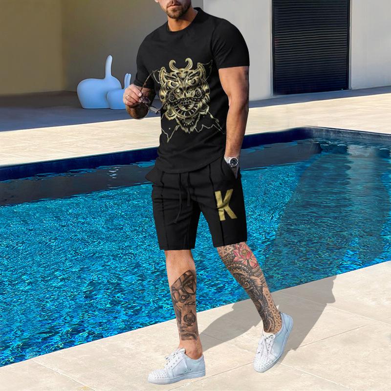 Plus Size Men's Summer Suit Round Neck Short Sleeved Shorts 3D Printed Loose Men's Casual Sports Set