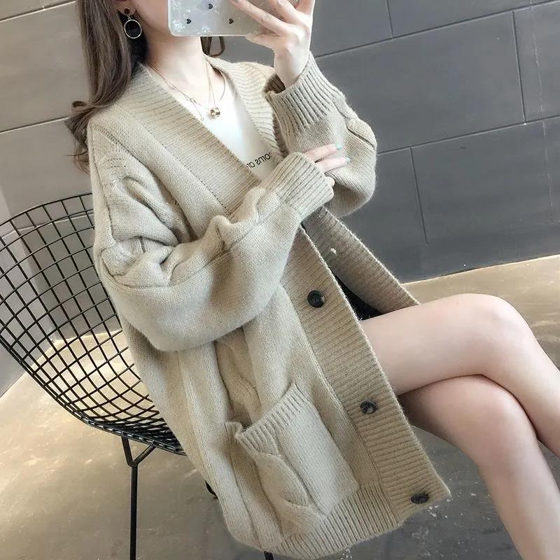 Sweater Cardigan Women's Spring and Autumn Loose Knitted Sweater Mid-length Casual Coat