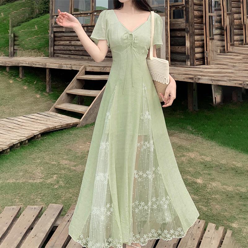 ZANZEA Women Elegant V-Neck Short Sleeve Casual Lace Splice Long Dress