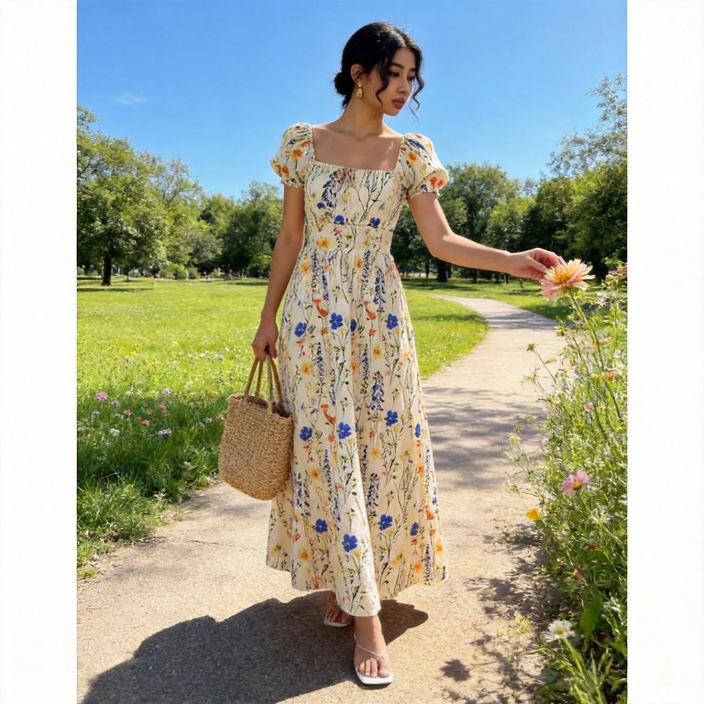 French Bubble Sleeve Printed Dress With Polyester Fabric For Summer Casual Wear