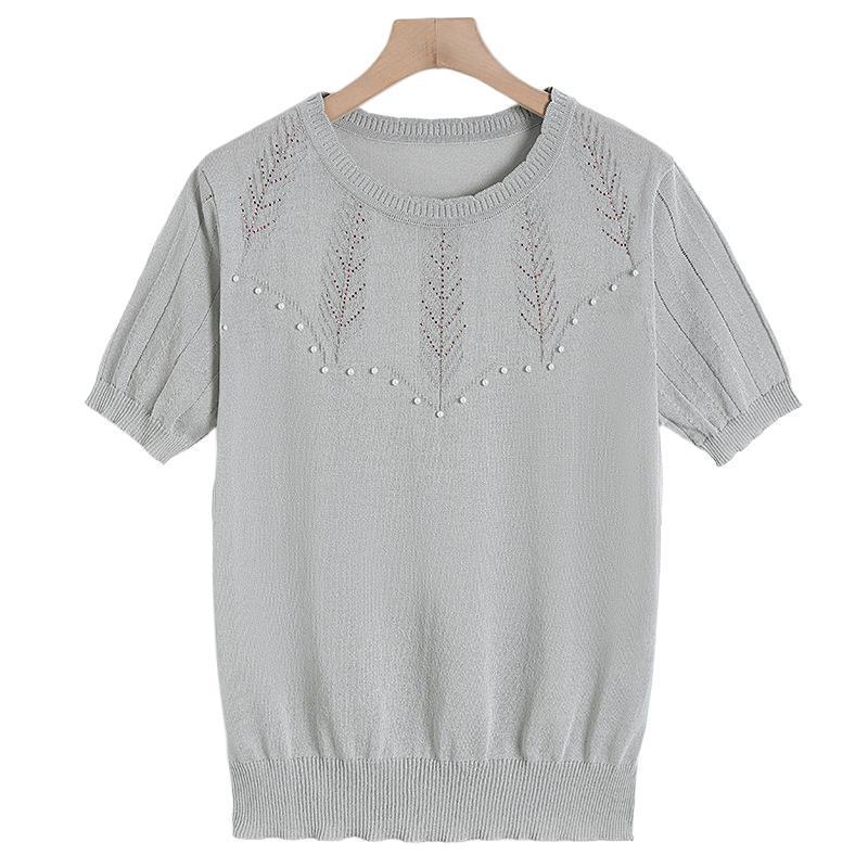 2026 Summer Ice Silk T-Shirt: Fashionable Loose Knit Short Sleeve for Middle-Aged Women