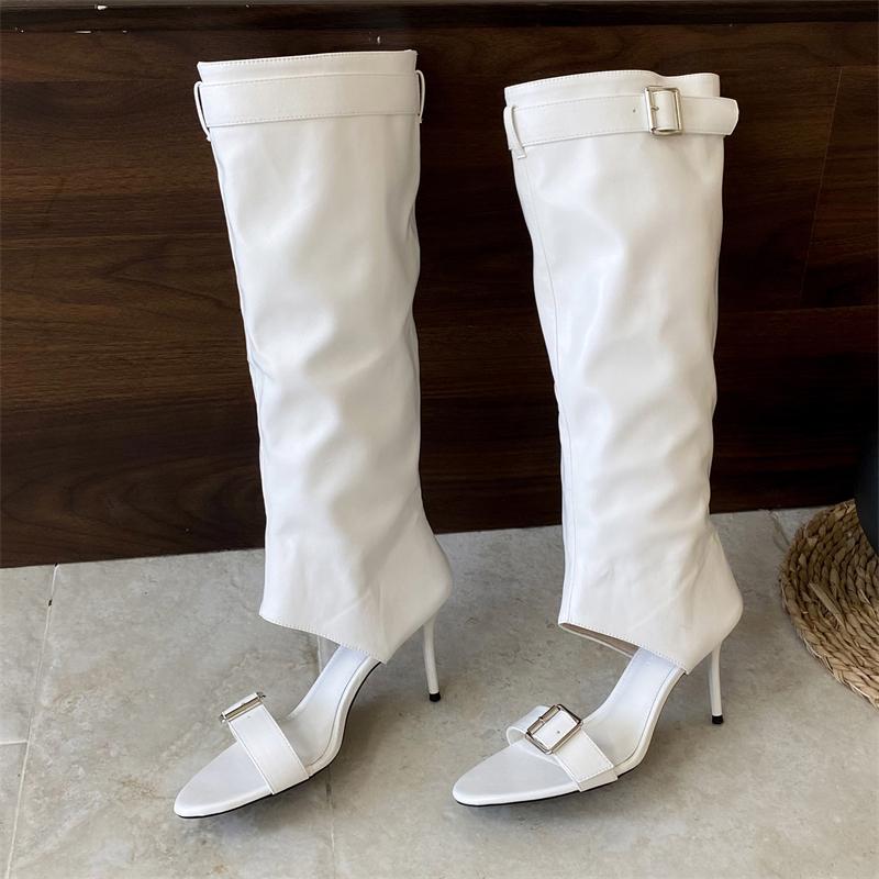 Mode Eilyken Ny Mode Peep Toe Dam Knähöga Stövlar Sandaler Designer Bältesspänne Smala Höga Klackar Gladiator Dam Skor