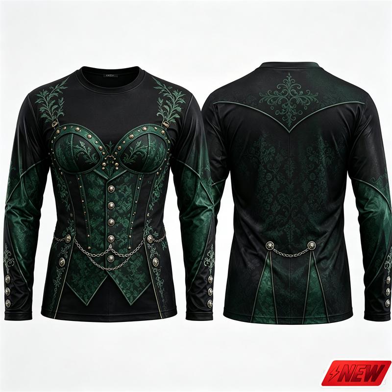 Gothic Vampire Costume Long Sleeve T‑Shirt Men 3D Print Fake Jacket Shirt Graphic Novelty Tee Halloween Cosplay Party Top
