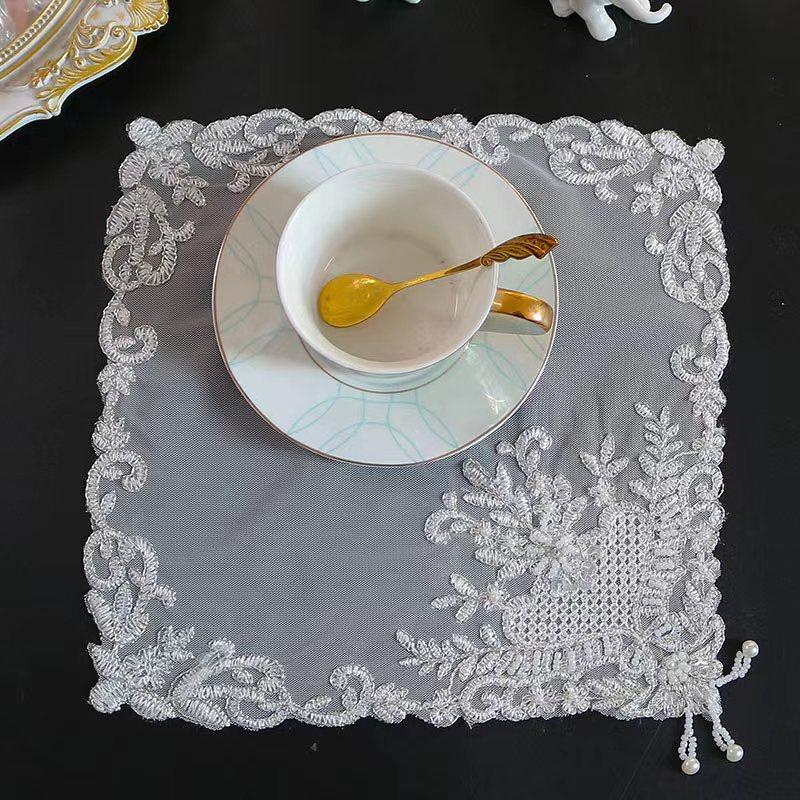 Luxury Silver Beads Flowers Embroidery Table Cloth Cover Wedding Tablecloth Kitchen Christmas Table Decoration and Accessories