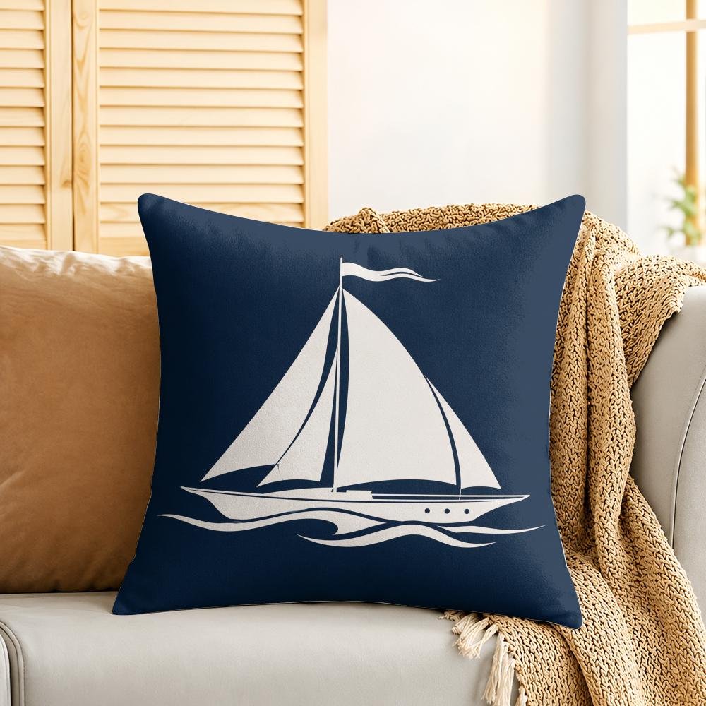 Navy Blue Nautical Ocean Boat Anchor Cushion Cover Silky Short Plush Invisible Zipper Dustproof Sofa Pillow Case For Home Decor
