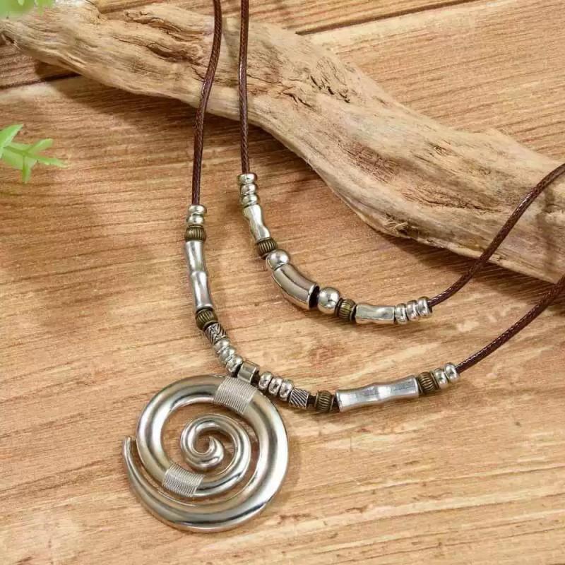 Spiral Leather Rope Necklace Women Alloy Pendant Vintage Boho Choker Geometric Statement Jewelry 2025