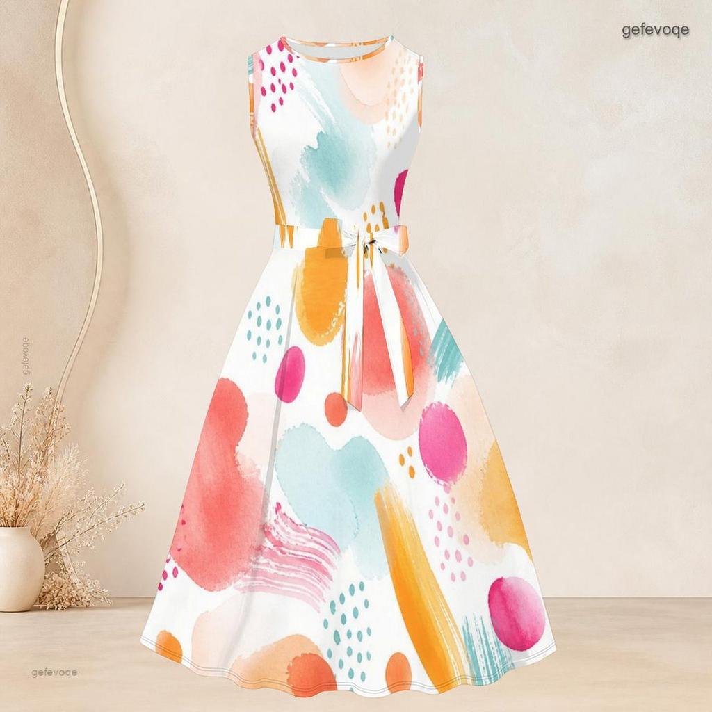 Women Plus Size Two Piece Dress Set 3 4 Sleeve Open Front Cardigan Sleeveless Round Neck Tie Waist Flared Dress Blue Black Printed