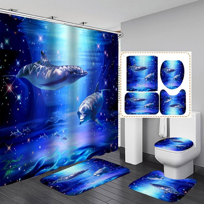 Dolphin 3D Digital Printing Shower Curtain Shower Curtain Dolphin Non-Slip Mat Four-Piece Set