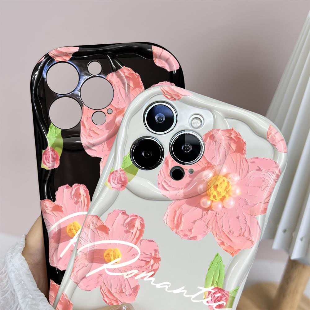 For iPhone 16 15 14 13 12 Samsung S24 S23 S22 A06 A13 A14 A15 A16 A55 Redmi Note 13 12 Pink Flowers Pattern Soft Silicone Wave Edge Phone Case