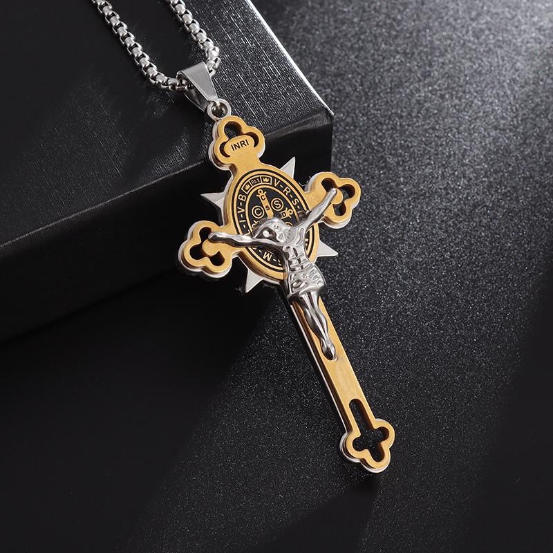 Stainless Steel Christian Saint Benedict Jesus Cross Pendant Necklace Amulet Jewelry Gift for Men Women
