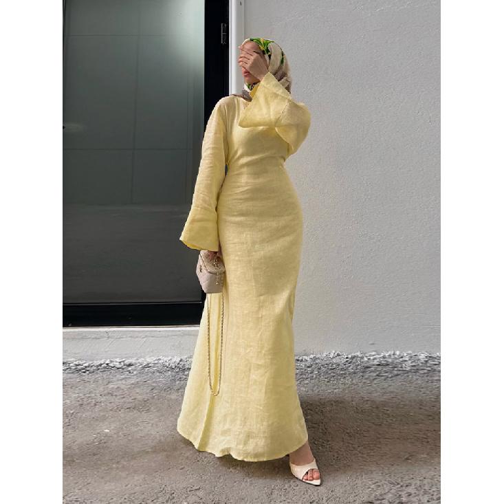 Women' Dresses Elegant O-Neck Cotton Lined Back Lace Up  Flare Sleeve Waist Cinching Long Robes Female Summer Lady Dress