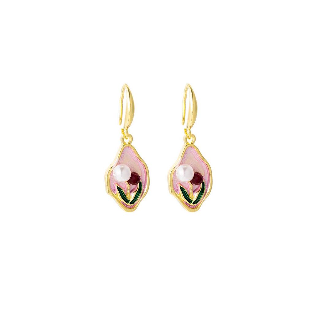 Elegant French Pink Flower Enamel Stud Earrings