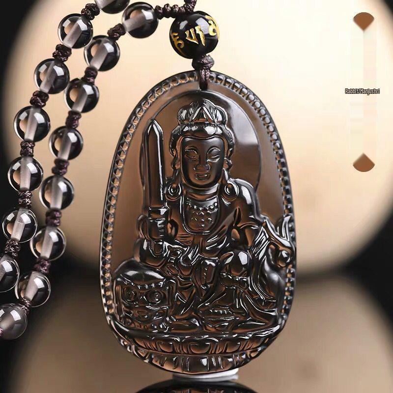 Obsidian Zodiac Pendant Necklace Featuring Akasagarbha, Samantabhadra, and Manjushri Bodhisattvas for the Twelve Zodiac Signs
