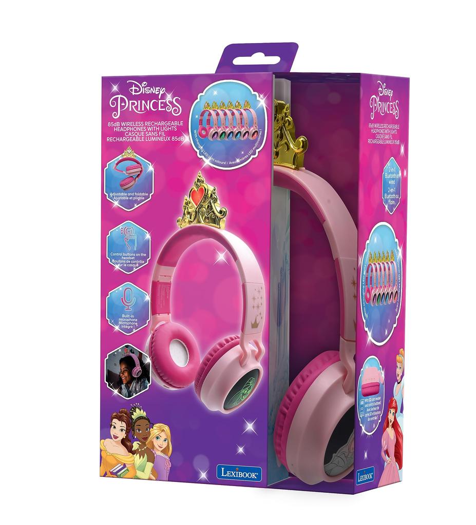 Lexibook Illuminated Wireless Headphones, Disney Princess Design, 3-Way Connection (Wired, Wireless, MicroSD Card), HPBT015DP, Authentic