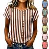 Women's Casual Round Neck Short Sleeve Striped Print T Shirt Top Button Front Design Lightweight Summer Shirt