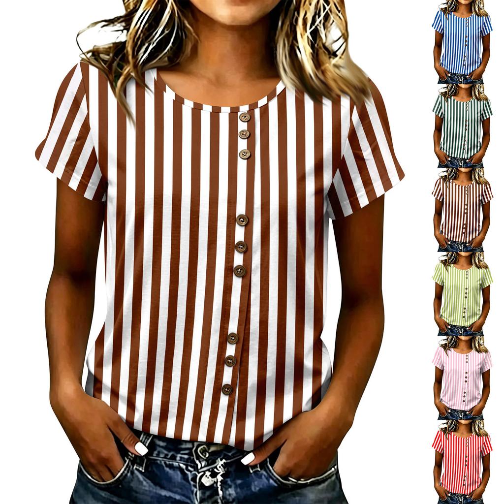 Women's Casual Round Neck Short Sleeve Striped Print T Shirt Top Button Front Design Lightweight Summer Shirt