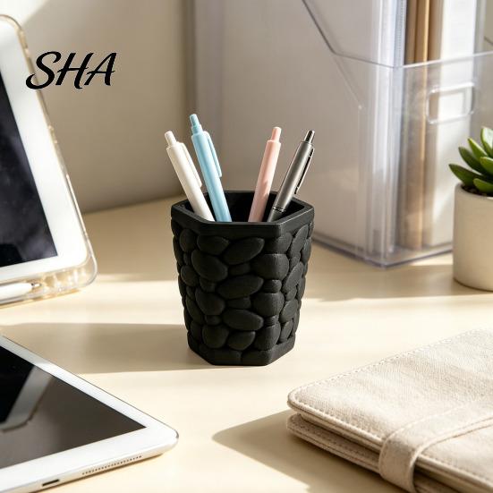 Practical Gift for Students Pebble Texture Pen Holder, Hexagonal Desktop Organizer, Stable Anti-Tip 3D Minimalist Pencil Holder Vanity Printed