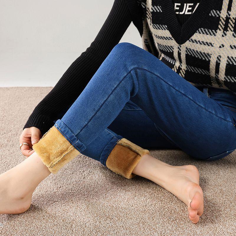 Winter Fleece Lined Warm Stretch High Waist Slim Skinny Denim Pants For Ladies Casual Pants Oversize Denim Trousers